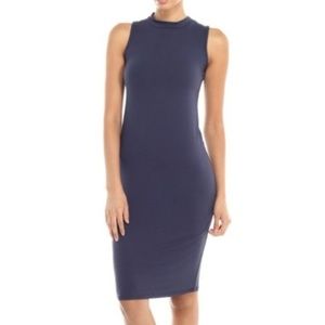 Navy Blue Mock Neck Sleeveless Midi Dress